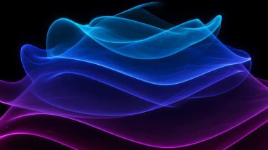 Akan mavi ve mor ışık dalgalarını siyah bir zemin üzerinde gösteren soyut bir video. Işık formları dinamik, ruhani bir etki yaratır..