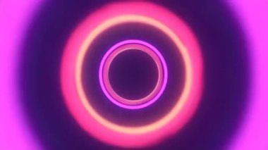 Özmerkezli neon halkaların pembe, sarı ve mavi renkte olduğu soyut animasyon, parlak efektlerle koyu bir arkaplanda parlıyor..