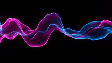 Akan, mavi ve pembe tonlarında parlak enerji dalgalarını içeren soyut bir video, koyu siyah bir arka plana karşı. Dinamik ve görsel olarak çarpıcı.