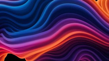 Siyah bir zemin üzerinde turuncu, mor ve mavi renkte pürüzsüz dalgaların aktığı soyut bir video. Dalgalar büyüleyici, dinamik bir etki yaratır..