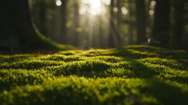 Sunlit Forest Floor: Yosunlu Zemin ve Bokeh Işık Işıkları Bir Orman Sahnesinde