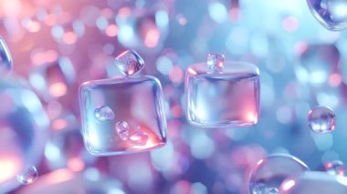 Kabarcık ve Bokeh Arkaplan ile Yüzen Geometrik Küplerin Soyut Videosu