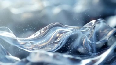 Soyut Sıvı Hareketi: Mavi Tonlarda Parıldayan Parçacıklarla Şeffaf Dalgaların Akışı