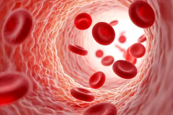Parlak bir atardamarda süzülen kırmızı kan hücrelerinin zarif üç boyutlu tıbbi çizimi. Dijital sağlık platformları, biyoteknolojik markalaşma, tıbbi bilgi grafikleri ve temiz, geleceksel tasarım estetiğine odaklı anatomi görselleri için ideal..
