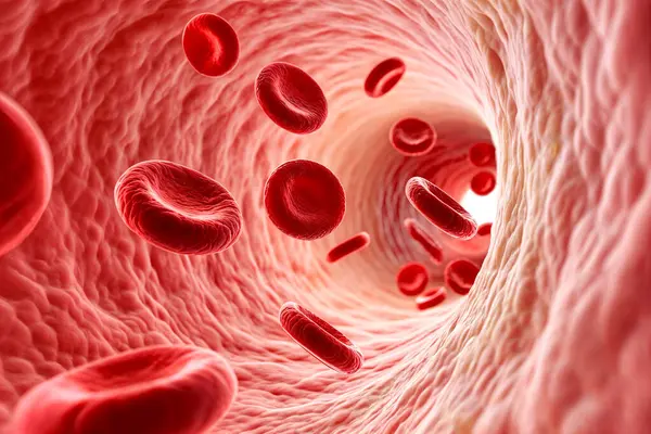 Dinamik 3 boyutlu sahne alyuvar hücrelerinin spiral şeklinde bir arterde akın ettiğini gösteriyor. Bilimsel görselleştirme, fütüristik tıbbi içerik ve derinlik ve hareket vurgusu ile biyoteknoloji temalı eğitim kaynakları için harika..