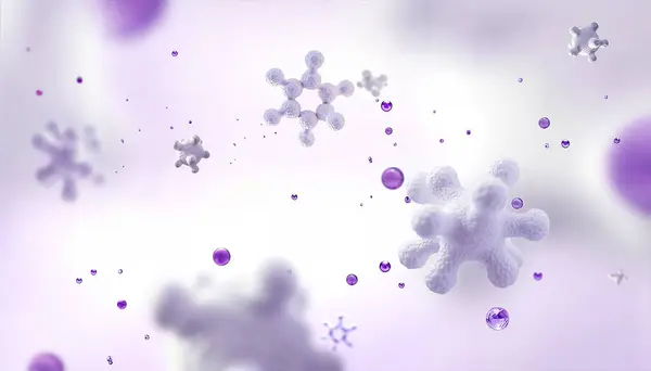 Açık mor steril bir ortamda yüzen yumuşak beyaz moleküler yapıların temiz bir üç boyutlu çizimi. Bileşimi asgari, bilimsel ve zariftir. Saha derinliği ve çevre ışığı naziktir. Biyoteknoloji ve tıbbi temalar için ideal.