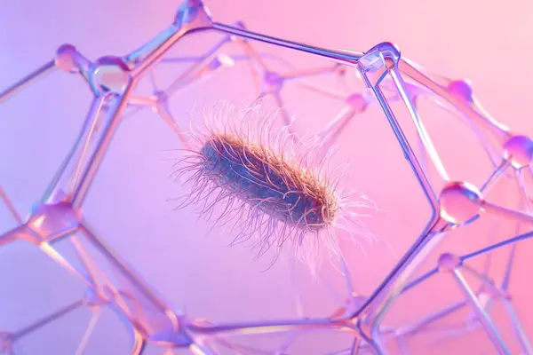 Şeffaf altıgen moleküler ağa sarılı bir bakterinin üç boyutlu görselleştirilmesi. Sahne, temiz, fütüristik biyoteknolojik estetiğe sahip yumuşak pembe ve menekşe sıvısı bir arka plana sahip..