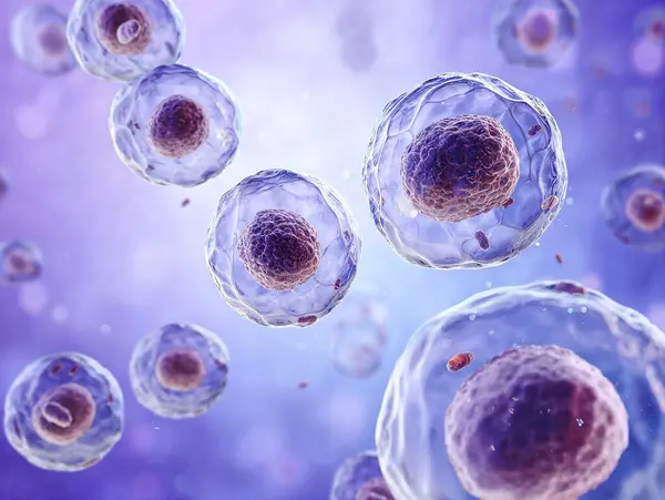 Parlak mavi-mor sıvı bir ortamda yüzen görünür koyu çekirdekli çoklu yarı saydam menekşe hücrelerinin fotorealistik 3D görüntüsü. Organik doku, alan derinliği ve mikro akışkan gerçeklik onu bilimsel olarak ideal kılıyor.