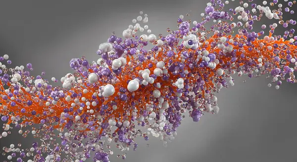 Turuncu menekşe ve beyaz moleküler kürelerin dalga benzeri oluşumu, biyomedikal akış veya dinamik bilimsel bg için mükemmel bir uyum yapısında yarı saydam parçacıklardan oluşan sıvı uzayda organik hareket simülasyonu yapar.