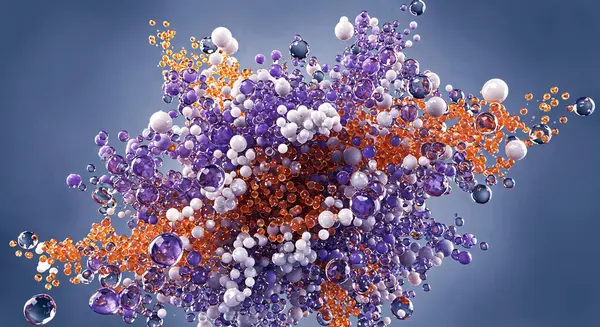 Dinamik moleküler parçacık kümesi derin mavi bir çevrede süzülen cam dokular içinde nanostructures moleküler füzyon veya soyut biyomedikal simülasyonu temsil eden bilimsel biyolojik bileşimi temsil eden mor beyaz ve turuncu küreleri birleştiren dinamik kümeler.