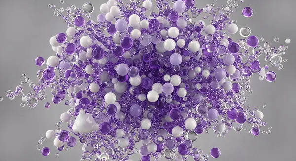 Nötr akışkan uzayda yüzen mor ve beyaz cam kürelerin soyut bileşimi nanobiyoloji biyolojisi ve eczacılık görselleştirmelerindeki kavramlarda kullanılan saydam biyolojik parçacıkların oluşturduğu hassas bir moleküler ortam yaratıyor.