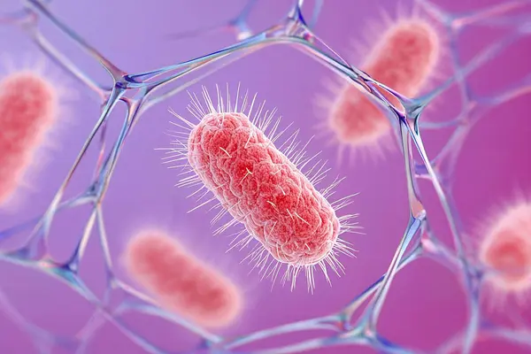Escherichia coli 'yi andıran çubuk şeklindeki kırmızı bakterinin yarı saydam moleküler ağ yapısı tıbbi, biyolojik veya bilimsel tasarım ve eğitim projeleri için uygun yumuşak bir menekşe-pembe sıvı ortamda yüzüşünün mikroskobik görüntüsü