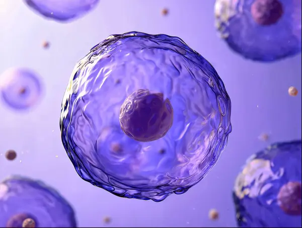 Bilim eğitimi, biyoteknoloji görselleri, tıbbi araştırma kavramları veya temiz bir tarzda modern biyoloji temalı geçmişleri olan yumuşak mor bir ortamda yüzen şeffaf bir biyolojik hücrenin ayrıntılı görünümü