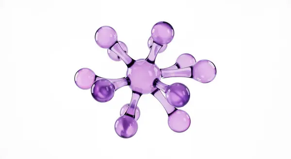 Mor şeffaf kürelerden oluşan soyut moleküler form ve beyaz zemin üzerinde radyal bir şekilde düzenlenmiş, biyoteknoloji görseller, kimya eğitimi, modern tıbbi tasarım, nano bilim ya da bilim temsilciliği için uygun.
