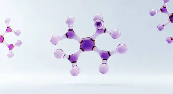 Küresel eklemleri ve parlak beyaz arkaplandaki yumuşak bağlantılarla izole edilmiş mor molekül, kimyada, moleküler biyolojide, biyoteknolojide, ürün kavramlarında veya medikal illüstrasyonda tasarım için ideal basitleştirilmiş bir bilimsel formu temsil eder.