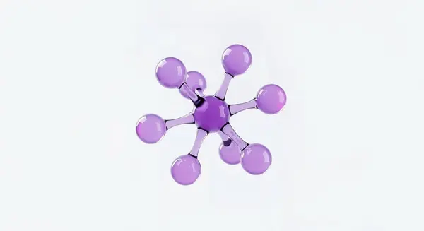 Biyoteknoloji tasarımı, kimya eğitimi, fütüristik bilim görselleri veya modern tarzda temiz tıbbi illüstrasyonlar için ideal beyaz zemin üzerine yarı saydam bağlarla bağlanmış mor parlak kürelerden oluşan minimal moleküler yapı