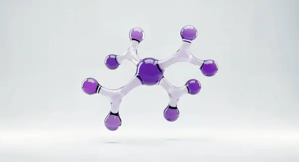 Parlak beyaz zemin üzerinde küresel eklemler ve yumuşak bağlayıcılarla izole edilmiş mor moleküller, kimyada, moleküler biyolojide, biyolojide, ürün kavramlarında tasarım için ideal basitleştirilmiş bir bilimsel formu temsil eder.