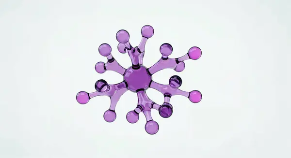 Biyoteknoloji, kimya kavramları, fütüristik tasarım, tıbbi grafikler veya eğitim bilimi görselleri için uygun temiz beyaz bir arkaplan üzerinde düzenlenmiş simetri ve şeffaf parlak küreler ile stilize mor moleküler yapı