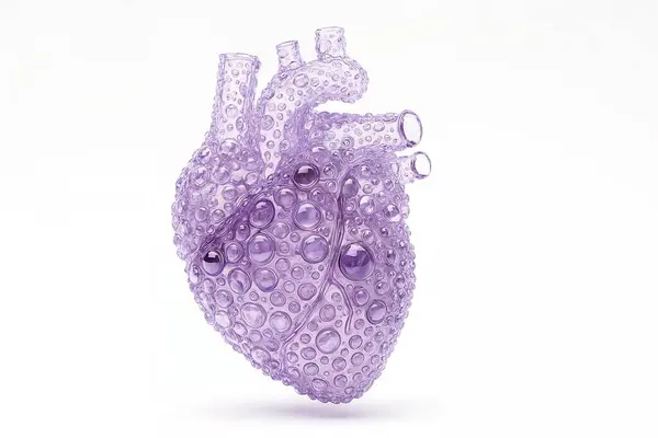 Dairesel birimlerden oluşan hücresel yüzey yapısına sahip kavramsal kalp ve tıbbi görselleştirme, biyoteknoloji grafikleri, sağlık teknolojisi tasarımı, eğitim projeleri veya bilimsel kompozisyonlar için uygun beyaz arkaplan üzerindeki pürüzsüz anahatlar