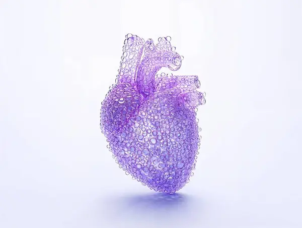 Yumuşak cam gibi bir yapıya sahip şeffaf anatomik kalp, biyoteknoloji görselleri, tıbbi illüstrasyon, fütüristik sağlık tasarımı, bilimsel konsept gelişimi veya anatomi tabanlı kompozisyonlar için yumuşak kenarlı ve nazik gölgeleme idealidir.