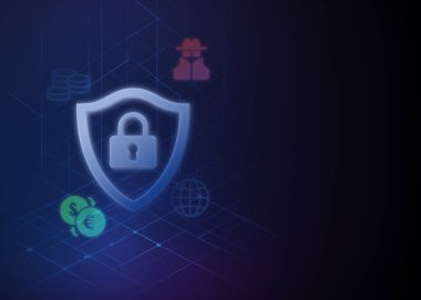 Asma kilit sembollü, siber güvenlik ve veri korumasını temsil eden, para, hacker ve küresel ağ ikonlarıyla karanlık bir şebekeye sahip bir kalkanın gelecekteki dijital illüstrasyonu