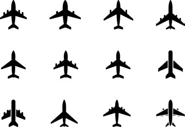 Uçak ikonu vektörü ayarlandı. Uçak illüstrasyon tabela koleksiyonu. Uçak sembolü. Uçak, uçak, seyahat. Vektör illüstrasyonu.