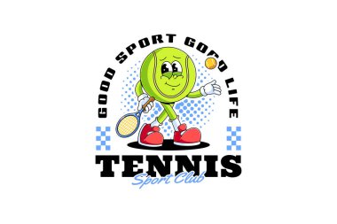 Tenis topu retro çizgi film karakteri maskot illüstrasyonu elinde raket, rahat yüz ve servis poz tenis kulübü ve profesyonel oyuncu maskotlar ve ticari mal