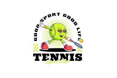 Tenis topu retro çizgi film karakteri maskotu illüstrasyonu gözlük takıyor, raket tutuyor, tenis kulübü ve profesyonel oyuncu maskotları için ters vuruş yapıyor.