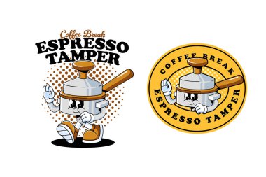 Espresso karıştırıcı, retro çizgi film karakteri maskotu, yürüyüş pozuyla portafilter. Kahve dükkanı, kafe, içecek, barista, restoran maskotları ve ürünler için el kaldırma.