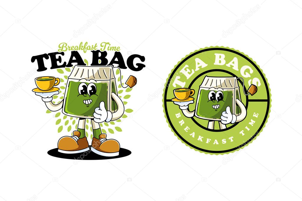 Tea bag green tea retro cartoon character mascot illustration with standing pose and waving hand for herbal product, plantation, grocery, health food, cafes mascots and merchandise
