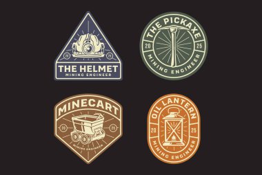 Lambalı güvenlik kaskı, sürüklenen kazma, kazmalı maden arabası, tramvay aracı, gaz lambası, madenci, mühendis, endüstri, macera için tasarlanmış retro rozet logo tasarımı koleksiyonu