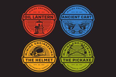 Yağ feneri, madenci tramvayı, tek tekerli maden arabası, güvenlik kaskı, mat kazma, gaz lambası, madenci, mühendis, endüstri, macera koleksiyonu için hazırlanan maden aracı retro roket vektör tasarımı koleksiyonu
