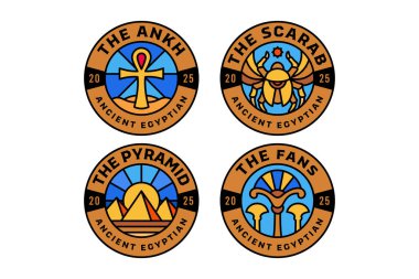 Ankh sembolü, Böcek böceği, piramit, firavun fanı, güneş patlaması, güneş, çöl renkli modern illüstrasyon rozet logosu seti Antik Mısırlı, tarihçi, arkeolog, müze, araştırmacı