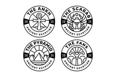 Böcek böceği, ankh sembolü, piramit, firavun fanı, güneş ışığı, çöl ana hatları, modern illüstrasyon rozet logosu seti antik Mısırlı, tarihçi, arkeolog, müze, araştırmacı