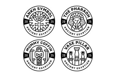 Firavun başı, göz sembollü Ankh, mumya tabutu, vazo ve sütun ana hatları modern illüstrasyon rozet logosu dizaynı antik Mısırlı, tarihçi, arkeolog, müze, araştırmacı