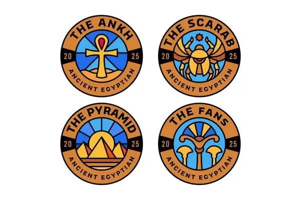Ankh sembolü, Böcek böceği, piramit, firavun fanı, güneş patlaması, güneş, çöl renkli modern illüstrasyon rozet logosu seti Antik Mısırlı, tarihçi, arkeolog, müze, araştırmacı