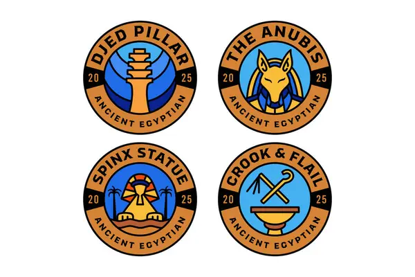 Anubis kafası, sfenks heykeli, djed sütun, dolandırıcı ve yelken kadim Mısırlı, tarihçi, arkeolog, müze, araştırmacı için yapılmış renkli modern illüstrasyon rozet logosu tasarımını çaprazladı