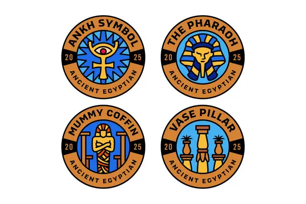 Ankh 'ın göz sembolü, firavun başı, mumya tabutu, vazo ve sütun renkli modern illüstrasyon rozeti logosu antik Mısırlı, tarihçi, arkeolog, müze, araştırmacı