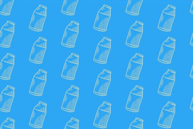 Süt şişesi kabartma çizgisi mavi arka planda kusursuz desen. Süt ürünleri, çiftlik, market, sağlık içeceği, kafe ürünleri için retro süt üreten duvar kağıdı arka planı