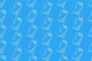 Süt kutusu kabı kabı. Mavi arka planda kusursuz çizgiler var. Süt ürünleri, çiftlik, market, sağlık içeceği, kafe ürünleri için retro kutu süt üreten duvar kağıdı arka planı