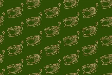 Çay poşeti çizgili çay fincanı yeşil arka planda kusursuz desenli. Bitkisel ürün, tarla, bakkal, sağlık içeceği ürünleri için retro fincan yeşil çay kuluçkaya yatma kalıbı duvar kağıdı arka planı
