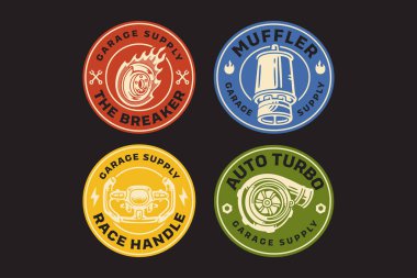 Yangın, egzoz susturucusu, spor direksiyon, turbo şarj geridönüş rozet vektör tasarım koleksiyonu spor, otomotiv, garaj, atölye, yedek parça, sanayi