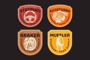 Direksiyon, turbo şarj aleti, disk molasında break caliper spor egzoz retro rozet logo tasarım koleksiyonu spor, otomotiv, garaj, atölye, yedek parça, endüstriyel logo tasarımı