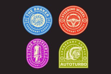 Disk ve kalibreli kırma sistemi, direksiyon, egzoz susturucu, araba turbo şarj retro rozet logo tasarım koleksiyonu spor, otomotiv, garaj, atölye, yedek parça, endüstriyel