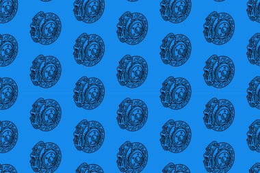 Disk kırılması, kırık kalibreli kabartma çizgisi, mavi arkaplanda kusursuz çizgiler. Spor, otomotiv, garaj, yedek parça, endüstri için duvar kağıdı üreten retro kırma sistemi.