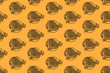 Sarı arka planda spor turbo şarj kabartma çizgisi kusursuz desen. Spor, otomotiv, garaj, yedek parça, sanayi ürünleri için model duvar kağıdı üreten retro araba destekleyici sistem