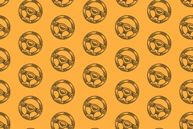 Sarı arka planda direksiyonlu süper araba çizgisi kusursuz desen. Spor, otomotiv, garaj, yedek parça, sanayi ürünleri için retro sportif iç yapı duvar kâğıdı