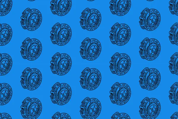 Disk kırılması, kırık kalibreli kabartma çizgisi, mavi arkaplanda kusursuz çizgiler. Spor, otomotiv, garaj, yedek parça, endüstri için duvar kağıdı üreten retro kırma sistemi.