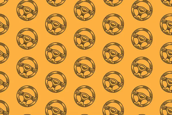 Sarı arka planda direksiyonlu süper araba çizgisi kusursuz desen. Spor, otomotiv, garaj, yedek parça, sanayi ürünleri için retro sportif iç yapı duvar kâğıdı