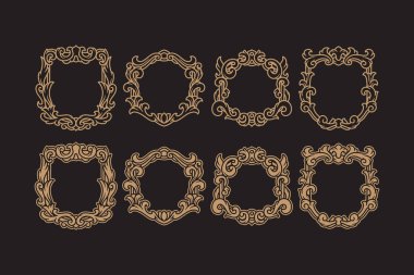 Retro çiçek arması çerçeve rozeti ana hat vektör seti. Klasik yaprak yaprakları, arma amblemi, dekoratif kenarlar düğün, güzellik ve moda için kabartma çizim koleksiyonu.